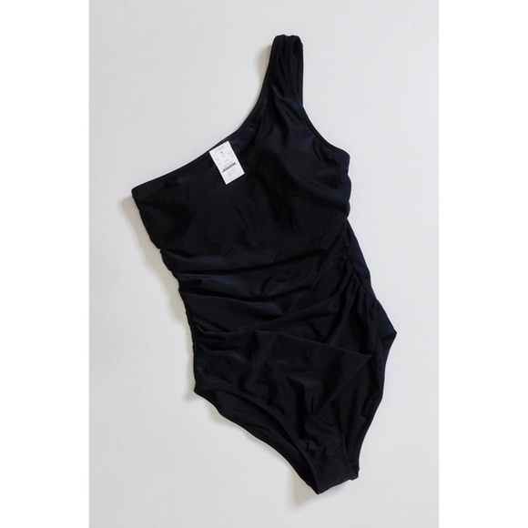 NWT!! J. CREW Factory One Shoulder Ruched Swimsuit One-Piece Solid Black Medium - Picture 3 of 16